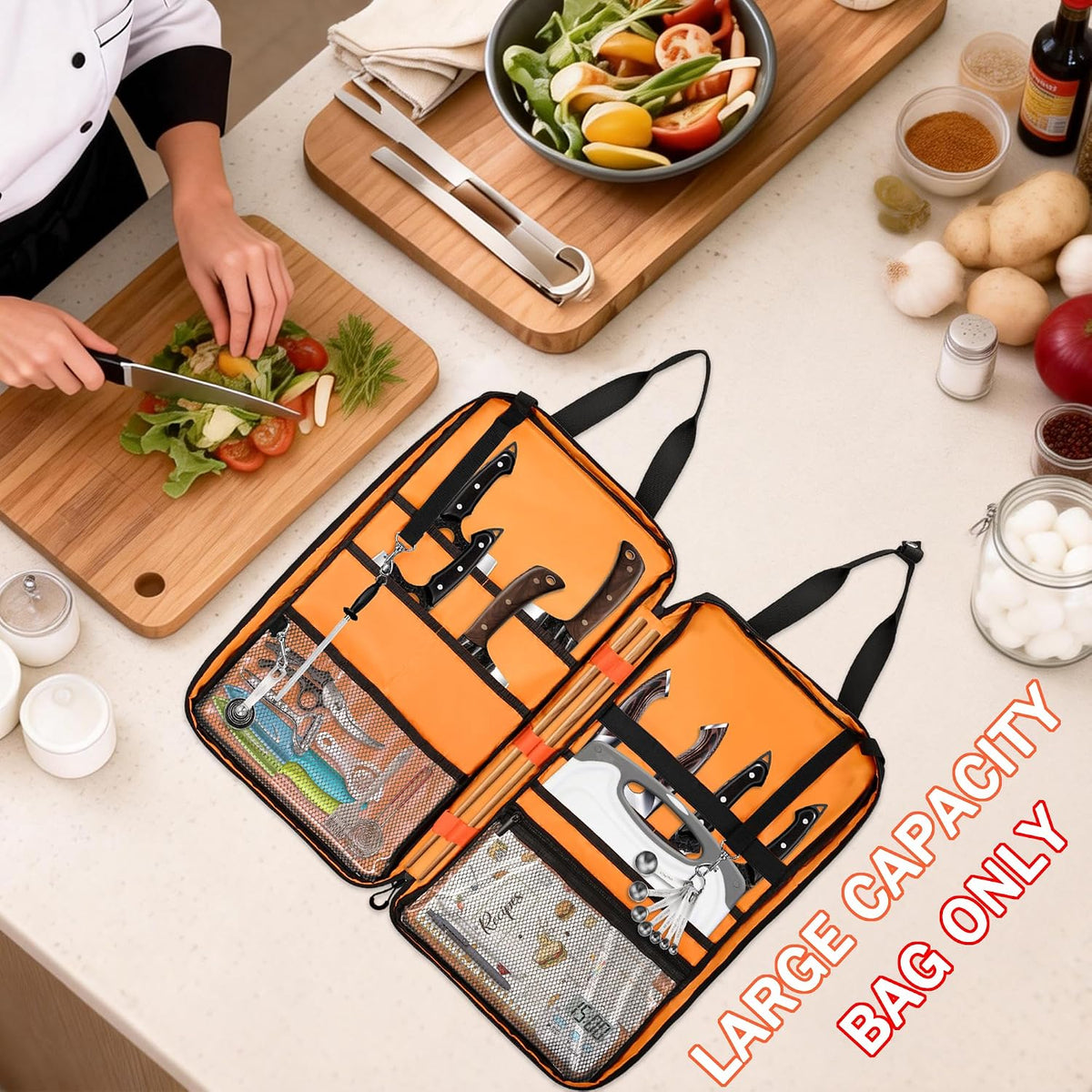 Chef Knife Bag with Shoulder Strap, 7 Pockets, Quilted Black | Knife Carrying Case with 7 Pockets, 8 Elastic Straps, 2 Mesh Pockets, Metal Hooks and Front Pocket for Cookbook or Tablet