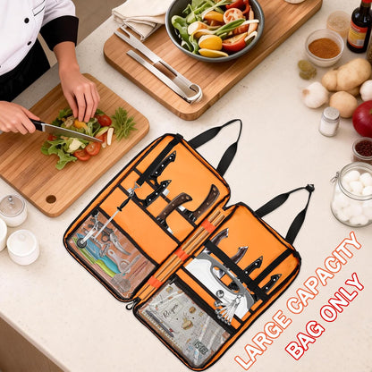 Chef Knife Bag with Shoulder Strap, 7 Pockets, Quilted Black | Knife Carrying Case with 7 Pockets, 8 Elastic Straps, 2 Mesh Pockets, Metal Hooks and Front Pocket for Cookbook or Tablet