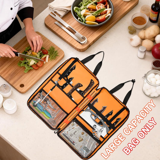 Chef Knife Bag with Shoulder Strap, 7 Pockets, Quilted Black | Knife Carrying Case with 7 Pockets, 8 Elastic Straps, 2 Mesh Pockets, Metal Hooks and Front Pocket for Cookbook or Tablet