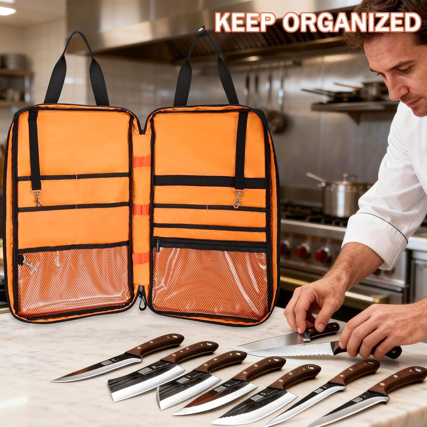 Chef Knife Bag with Shoulder Strap, 7 Pockets, Quilted Black | Knife Carrying Case with 7 Pockets, 8 Elastic Straps, 2 Mesh Pockets, Metal Hooks and Front Pocket for Cookbook or Tablet