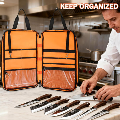 Chef Knife Bag with Shoulder Strap, 7 Pockets, Quilted Black | Knife Carrying Case with 7 Pockets, 8 Elastic Straps, 2 Mesh Pockets, Metal Hooks and Front Pocket for Cookbook or Tablet