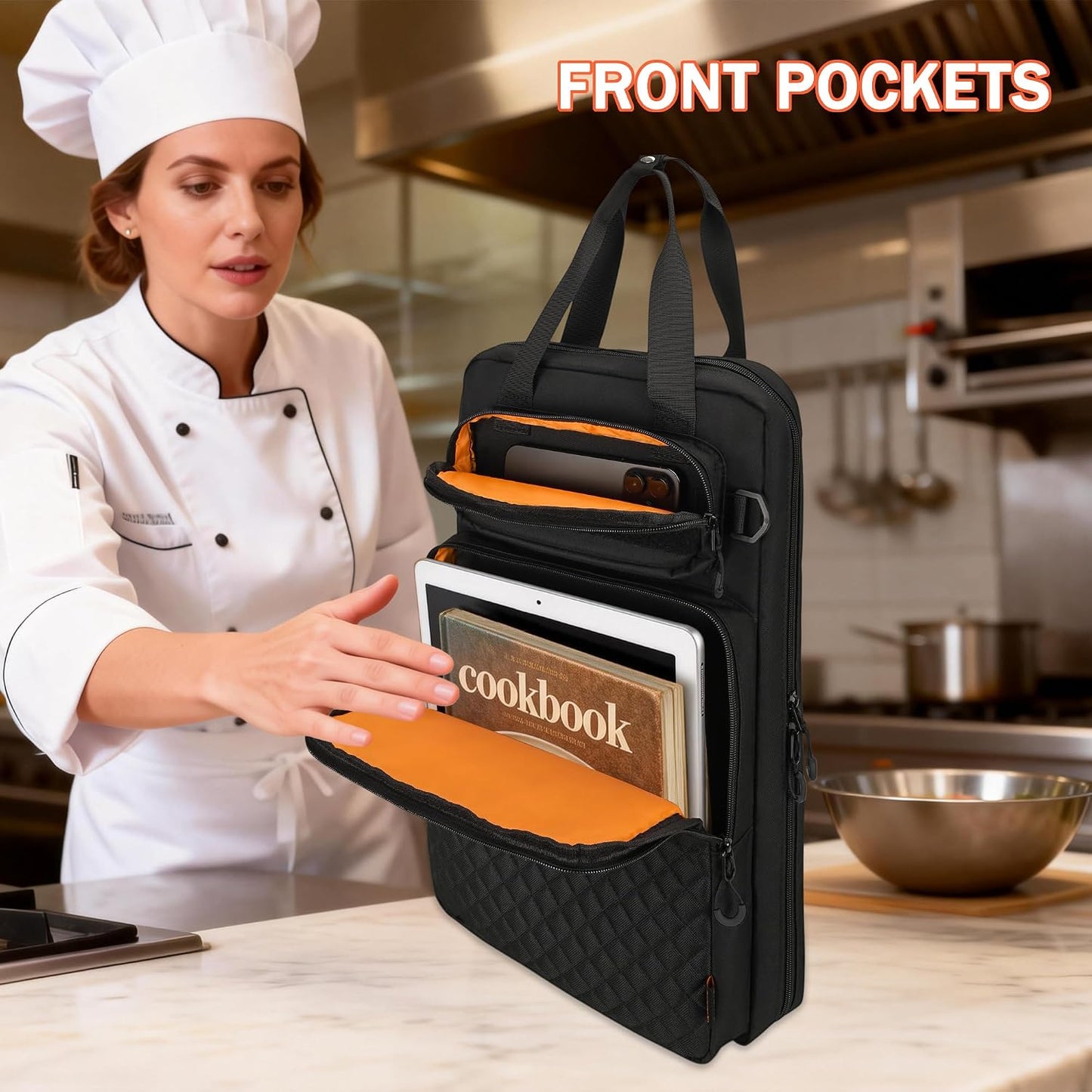 Chef Knife Bag with Shoulder Strap, 7 Pockets, Quilted Black | Knife Carrying Case with 7 Pockets, 8 Elastic Straps, 2 Mesh Pockets, Metal Hooks and Front Pocket for Cookbook or Tablet
