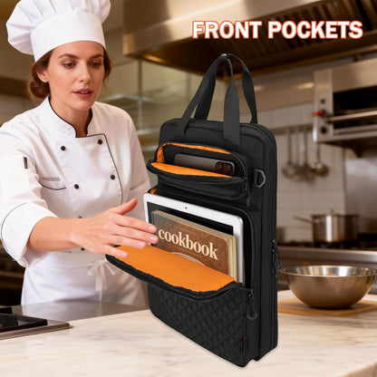 Chef Knife Bag with Shoulder Strap, 7 Pockets, Quilted Black | Knife Carrying Case with 7 Pockets, 8 Elastic Straps, 2 Mesh Pockets, Metal Hooks and Front Pocket for Cookbook or Tablet