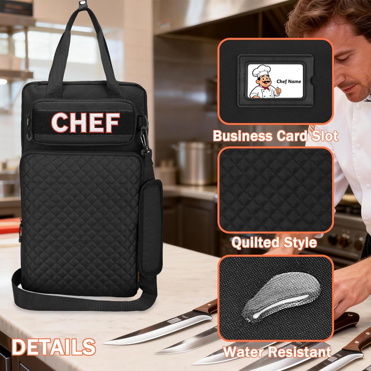 Chef Knife Bag with Shoulder Strap, 7 Pockets, Quilted Black | Knife Carrying Case with 7 Pockets, 8 Elastic Straps, 2 Mesh Pockets, Metal Hooks and Front Pocket for Cookbook or Tablet
