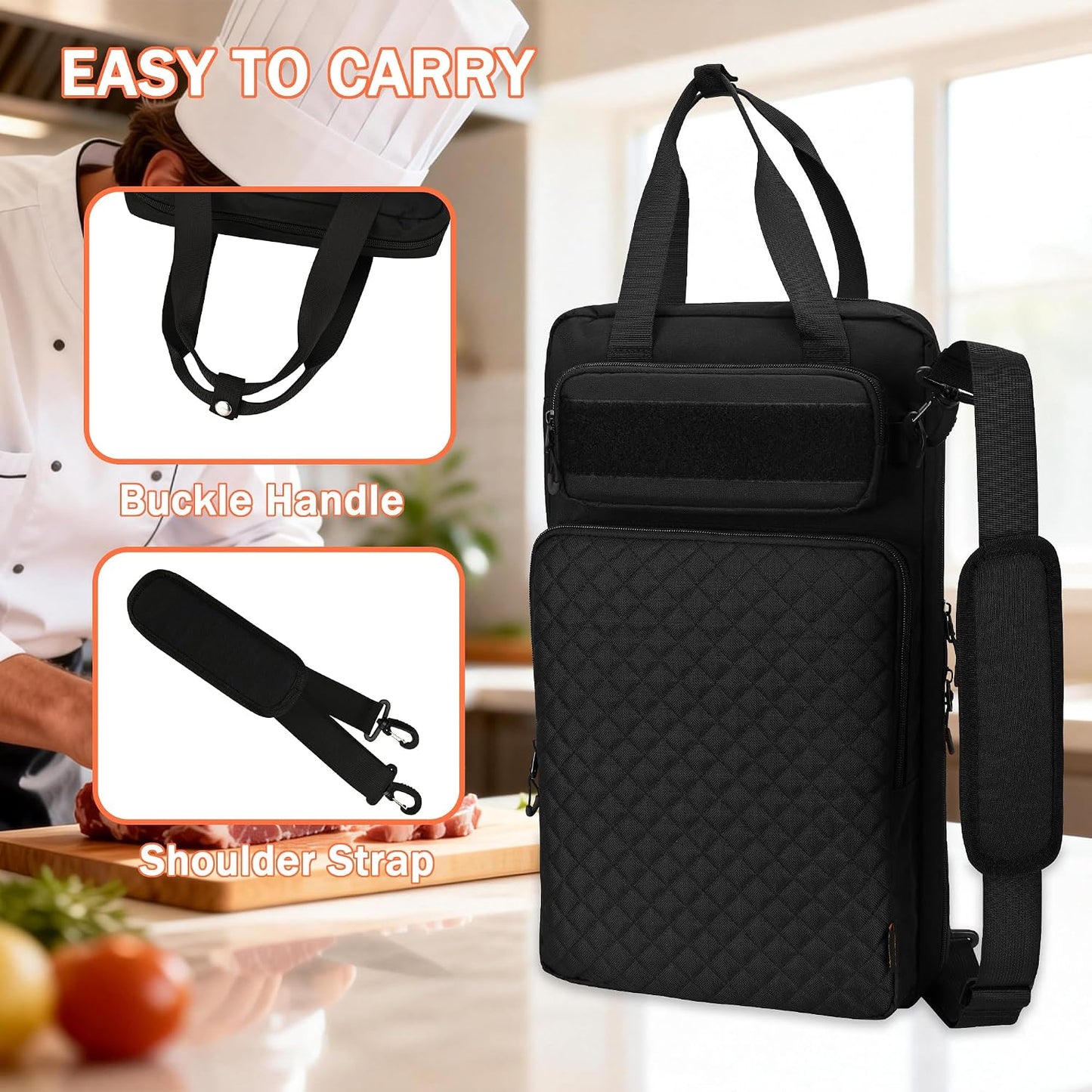 Chef Knife Bag with Shoulder Strap, 7 Pockets, Quilted Black | Knife Carrying Case with 7 Pockets, 8 Elastic Straps, 2 Mesh Pockets, Metal Hooks and Front Pocket for Cookbook or Tablet