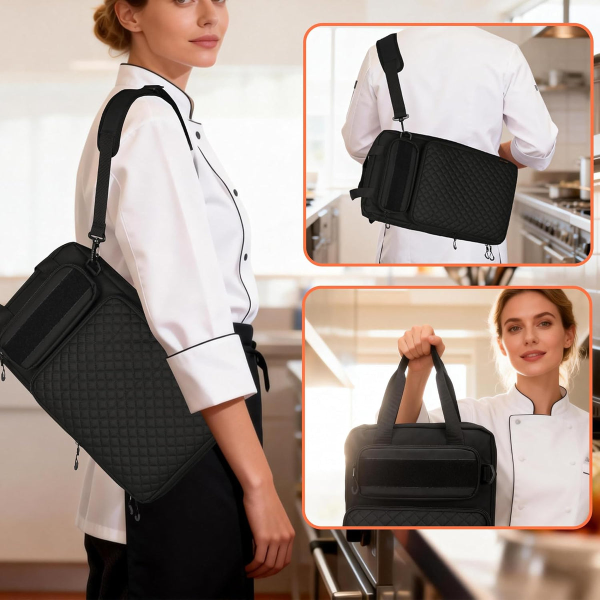 Chef Knife Bag with Shoulder Strap, 7 Pockets, Quilted Black | Knife Carrying Case with 7 Pockets, 8 Elastic Straps, 2 Mesh Pockets, Metal Hooks and Front Pocket for Cookbook or Tablet