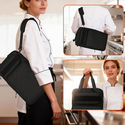 Chef Knife Bag with Shoulder Strap, 7 Pockets, Quilted Black | Knife Carrying Case with 7 Pockets, 8 Elastic Straps, 2 Mesh Pockets, Metal Hooks and Front Pocket for Cookbook or Tablet
