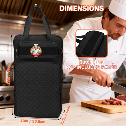 Chef Knife Bag with Shoulder Strap, 7 Pockets, Quilted Black | Knife Carrying Case with 7 Pockets, 8 Elastic Straps, 2 Mesh Pockets, Metal Hooks and Front Pocket for Cookbook or Tablet