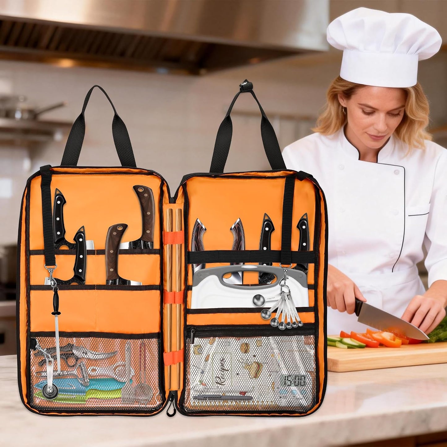 Chef Knife Bag with Shoulder Strap, 7 Pockets, Quilted Black | Knife Carrying Case with 7 Pockets, 8 Elastic Straps, 2 Mesh Pockets, Metal Hooks and Front Pocket for Cookbook or Tablet