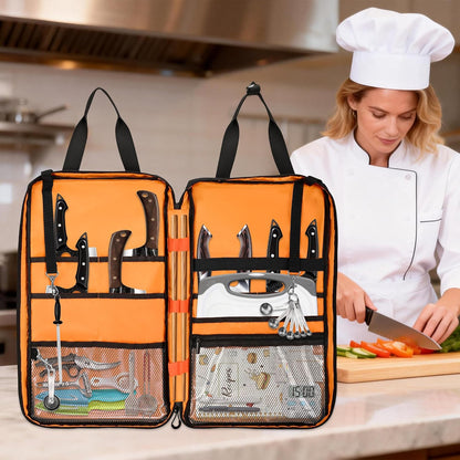 Chef Knife Bag with Shoulder Strap, 7 Pockets, Quilted Black | Knife Carrying Case with 7 Pockets, 8 Elastic Straps, 2 Mesh Pockets, Metal Hooks and Front Pocket for Cookbook or Tablet