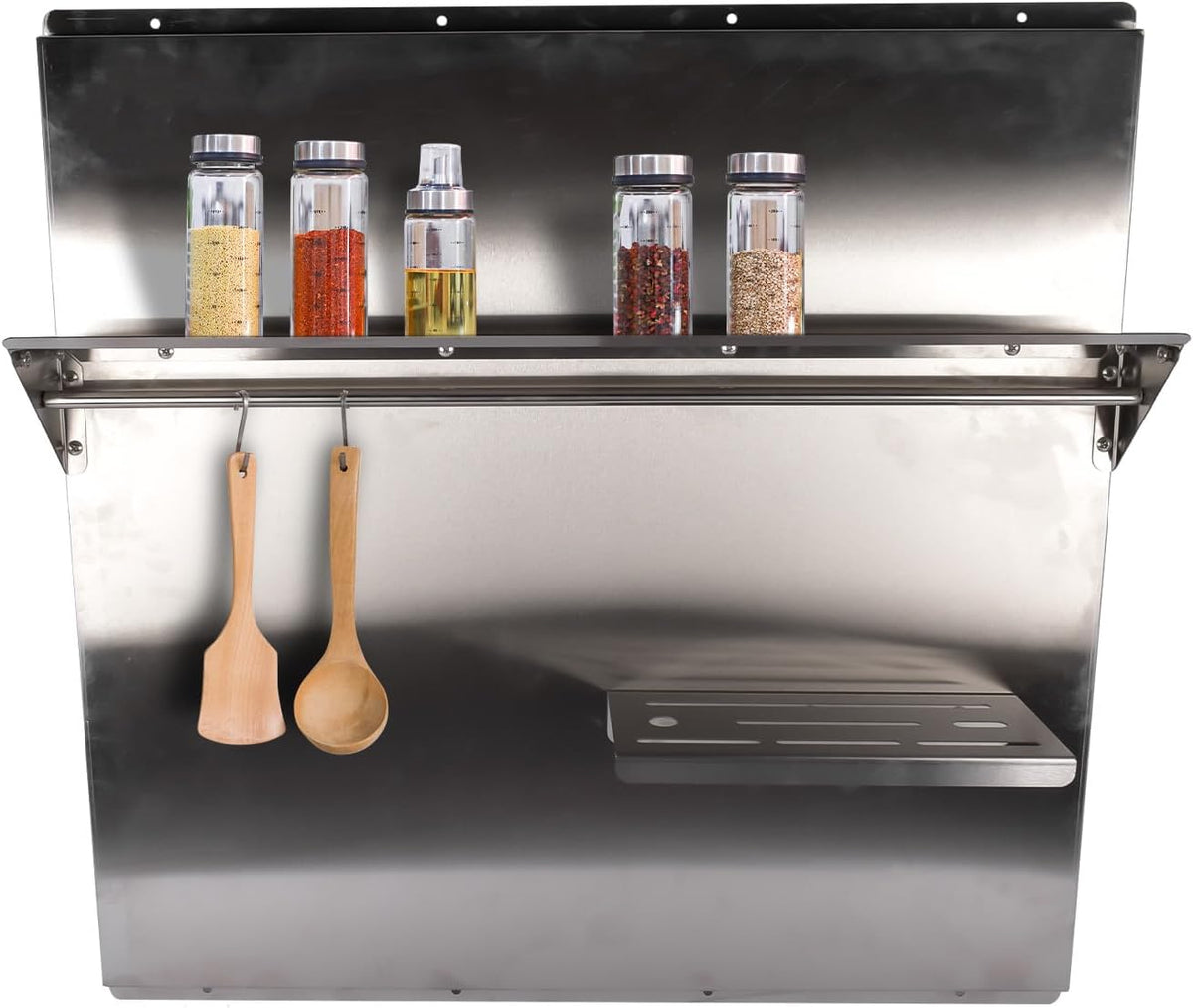 RIVER758 Stainless Steel Silver Range Hood Backsplash with Storage Shelf & Hanging Rack, Wall Mounted, 29.5'' x 29.5''
