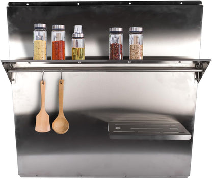 RIVER758 Stainless Steel Silver Range Hood Backsplash with Storage Shelf & Hanging Rack, Wall Mounted, 29.5'' x 29.5''