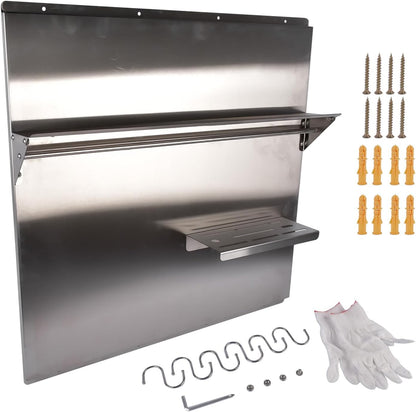 RIVER758 Stainless Steel Silver Range Hood Backsplash with Storage Shelf & Hanging Rack, Wall Mounted, 29.5'' x 29.5''