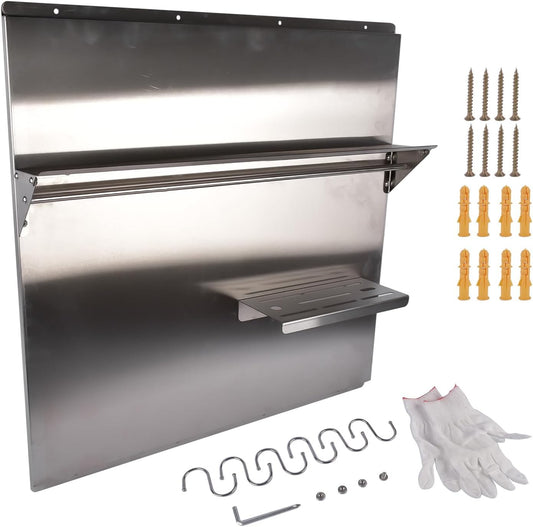 RIVER758 Stainless Steel Silver Range Hood Backsplash with Storage Shelf & Hanging Rack, Wall Mounted, 29.5'' x 29.5''