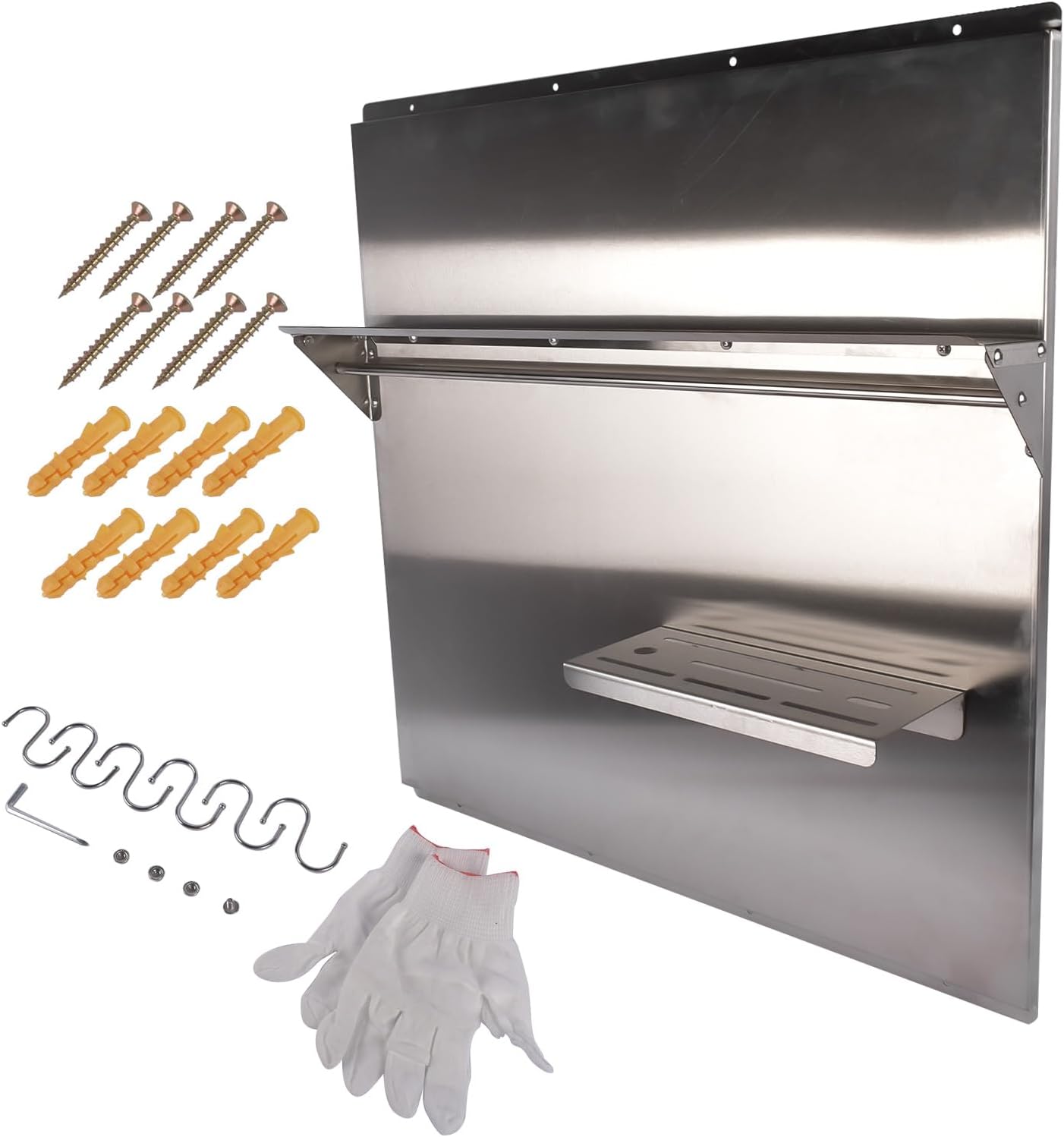 RIVER758 Stainless Steel Silver Range Hood Backsplash with Storage Shelf & Hanging Rack, Wall Mounted, 29.5'' x 29.5''