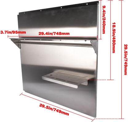 RIVER758 Stainless Steel Silver Range Hood Backsplash with Storage Shelf & Hanging Rack, Wall Mounted, 29.5'' x 29.5''