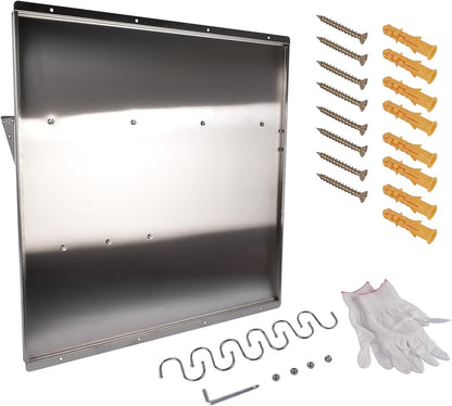 RIVER758 Stainless Steel Silver Range Hood Backsplash with Storage Shelf & Hanging Rack, Wall Mounted, 29.5'' x 29.5''