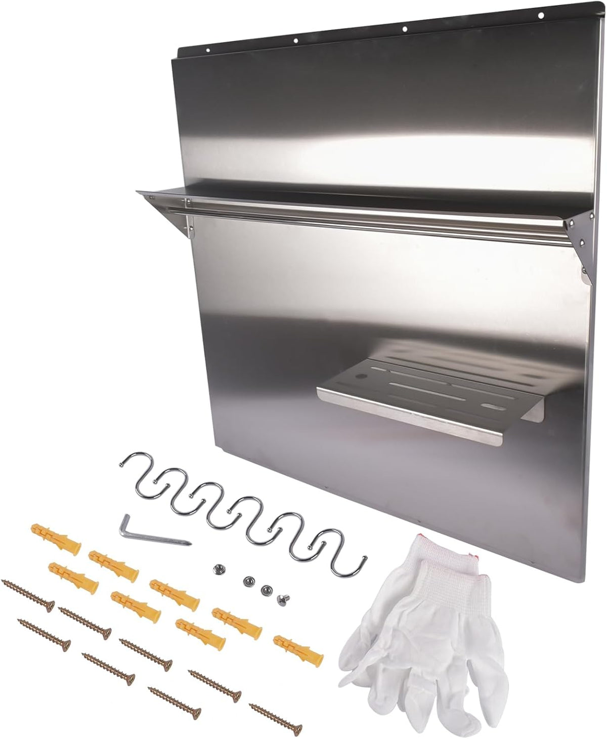 RIVER758 Stainless Steel Silver Range Hood Backsplash with Storage Shelf & Hanging Rack, Wall Mounted, 29.5'' x 29.5''