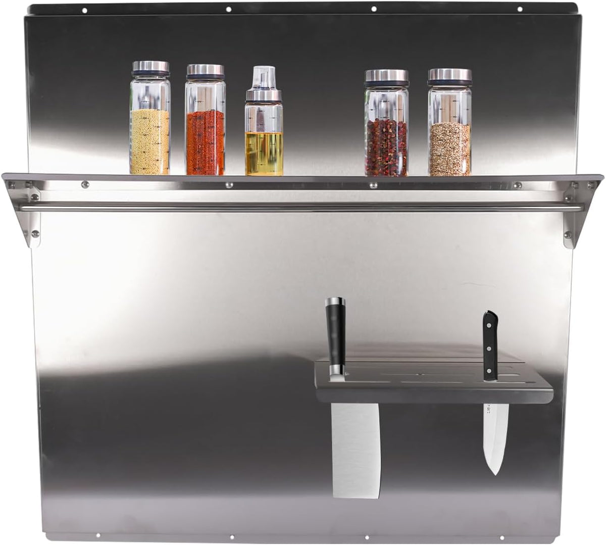 RIVER758 Stainless Steel Silver Range Hood Backsplash with Storage Shelf & Hanging Rack, Wall Mounted, 29.5'' x 29.5''