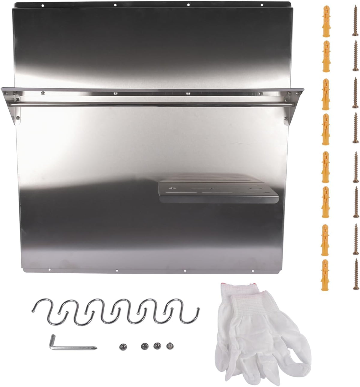RIVER758 Stainless Steel Silver Range Hood Backsplash with Storage Shelf & Hanging Rack, Wall Mounted, 29.5'' x 29.5''