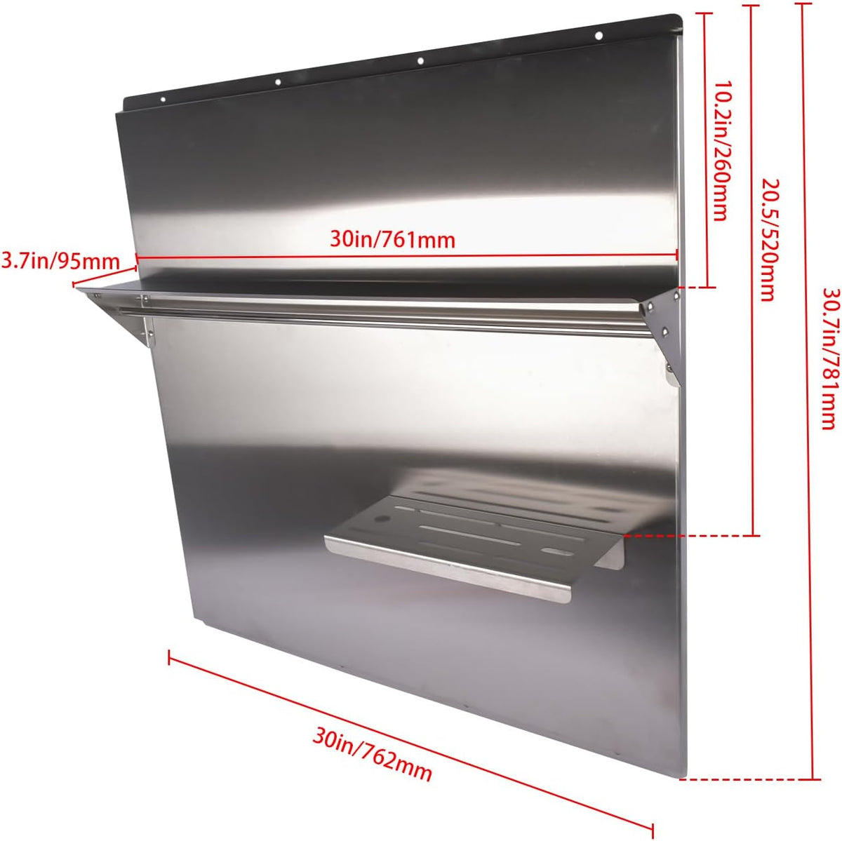 RIVER758 Stainless Steel Silver Range Hood Backsplash with Storage Shelf & Hanging Rack, Wall Mounted, 29.5'' x 29.5''