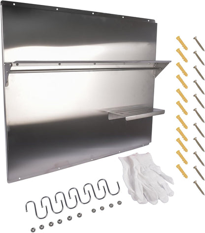 RIVER758 Stainless Steel Silver Range Hood Backsplash with Storage Shelf & Hanging Rack, Wall Mounted, 29.5'' x 29.5''