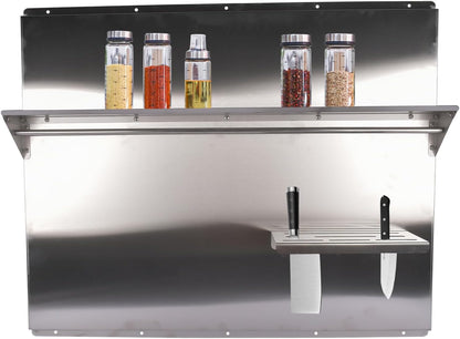 RIVER758 Stainless Steel Silver Range Hood Backsplash with Storage Shelf & Hanging Rack, Wall Mounted, 29.5'' x 29.5''
