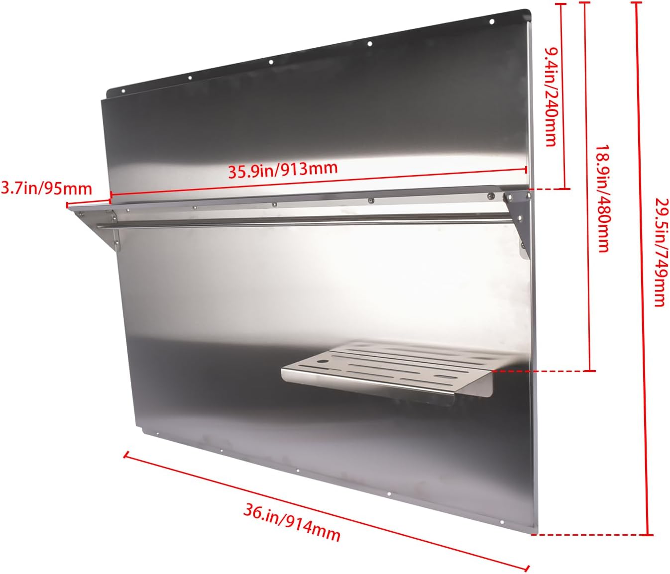 RIVER758 Stainless Steel Silver Range Hood Backsplash with Storage Shelf & Hanging Rack, Wall Mounted, 29.5'' x 29.5''