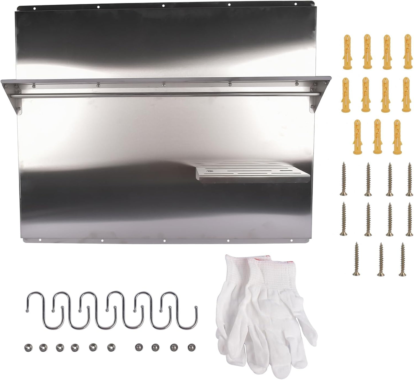 RIVER758 Stainless Steel Silver Range Hood Backsplash with Storage Shelf & Hanging Rack, Wall Mounted, 29.5'' x 29.5''