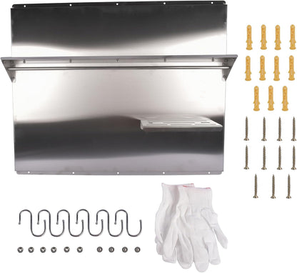 RIVER758 Stainless Steel Silver Range Hood Backsplash with Storage Shelf & Hanging Rack, Wall Mounted, 29.5'' x 29.5''