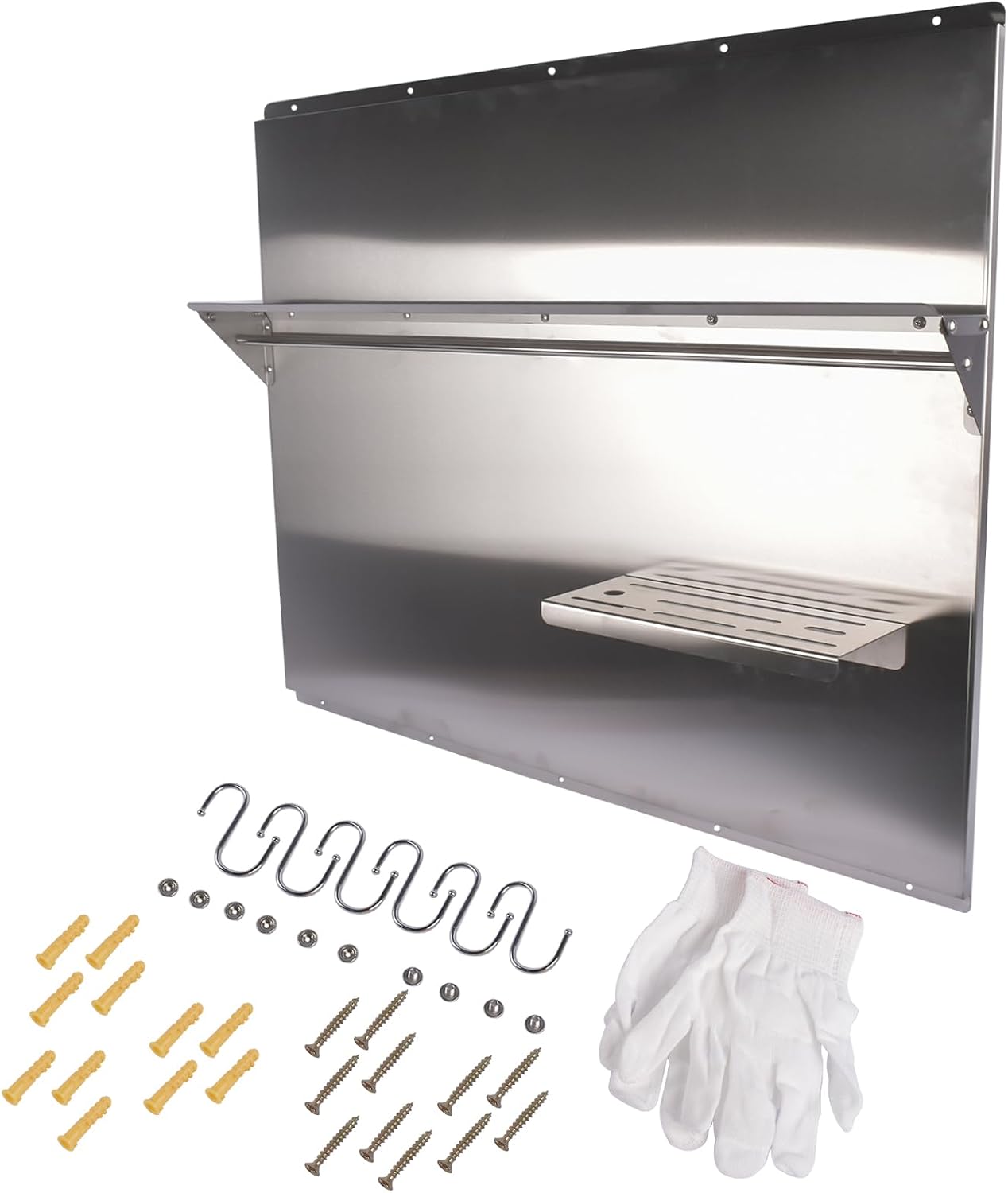 RIVER758 Stainless Steel Silver Range Hood Backsplash with Storage Shelf & Hanging Rack, Wall Mounted, 29.5'' x 29.5''