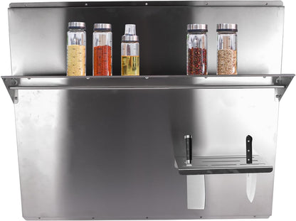 RIVER758 Stainless Steel Silver Range Hood Backsplash with Storage Shelf & Hanging Rack, Wall Mounted, 29.5'' x 29.5''