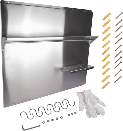 RIVER758 Stainless Steel Silver Range Hood Backsplash with Storage Shelf & Hanging Rack, Wall Mounted, 29.5'' x 29.5''