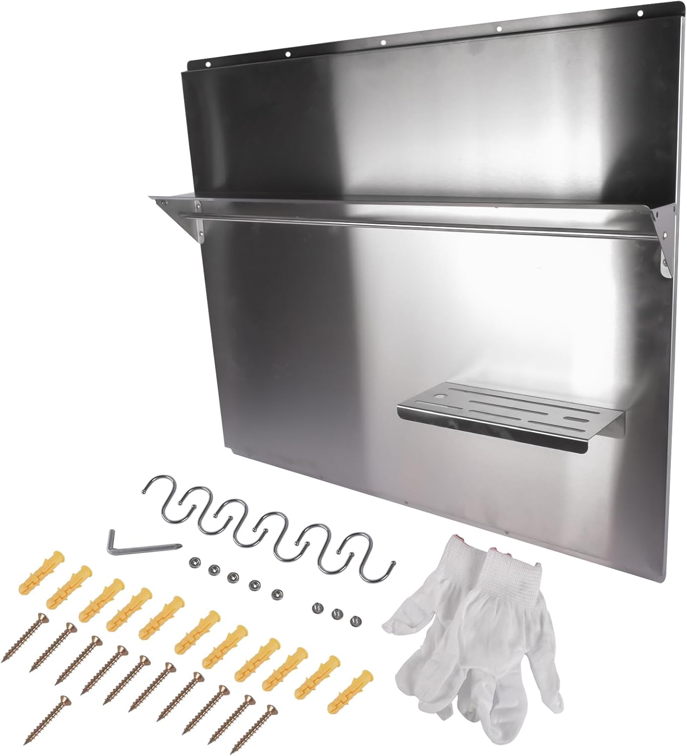 RIVER758 Stainless Steel Silver Range Hood Backsplash with Storage Shelf & Hanging Rack, Wall Mounted, 29.5'' x 29.5''