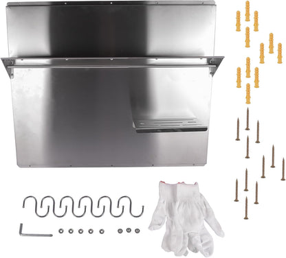 RIVER758 Stainless Steel Silver Range Hood Backsplash with Storage Shelf & Hanging Rack, Wall Mounted, 29.5'' x 29.5''