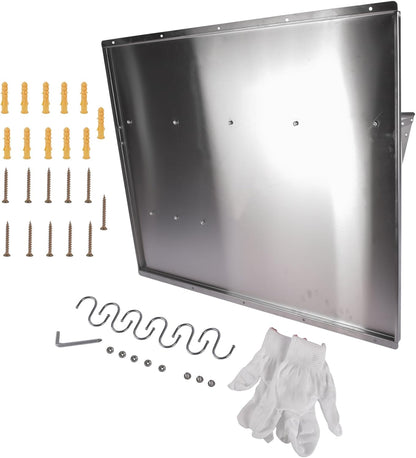 RIVER758 Stainless Steel Silver Range Hood Backsplash with Storage Shelf & Hanging Rack, Wall Mounted, 29.5'' x 29.5''