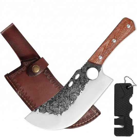 Hand Forged Serbian Cleaver for Outdoor Kitchen & Meat Cutting | Viking Style Butcher Knife, Full Tang Construction, High Carbon Steel Blade, Includes Leather Sheath & Sharpener for Camping
