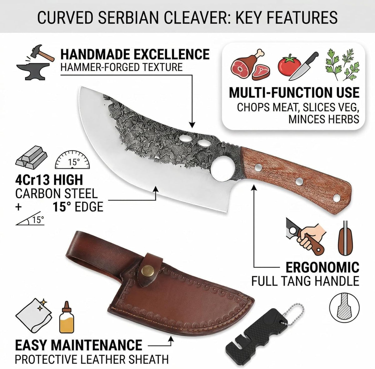 Hand Forged Serbian Cleaver for Outdoor Kitchen & Meat Cutting | Viking Style Butcher Knife, Full Tang Construction, High Carbon Steel Blade, Includes Leather Sheath & Sharpener for Camping