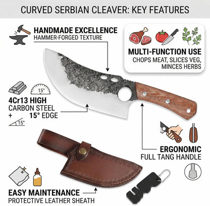 Hand Forged Serbian Cleaver for Outdoor Kitchen & Meat Cutting | Viking Style Butcher Knife, Full Tang Construction, High Carbon Steel Blade, Includes Leather Sheath & Sharpener for Camping