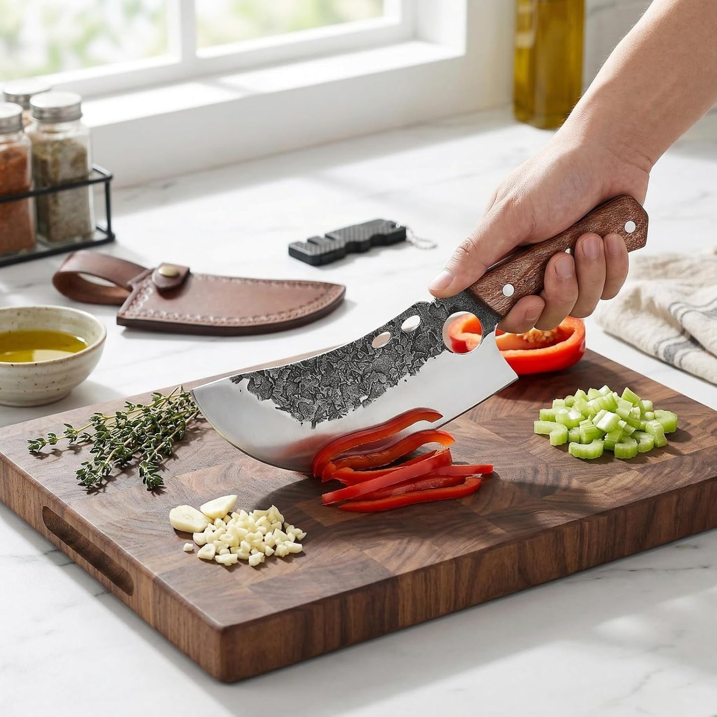 Hand Forged Serbian Cleaver for Outdoor Kitchen & Meat Cutting | Viking Style Butcher Knife, Full Tang Construction, High Carbon Steel Blade, Includes Leather Sheath & Sharpener for Camping