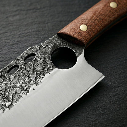 Hand Forged Serbian Cleaver for Outdoor Kitchen & Meat Cutting | Viking Style Butcher Knife, Full Tang Construction, High Carbon Steel Blade, Includes Leather Sheath & Sharpener for Camping