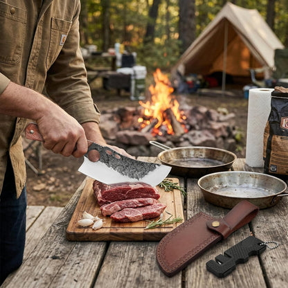 Hand Forged Serbian Cleaver for Outdoor Kitchen & Meat Cutting | Viking Style Butcher Knife, Full Tang Construction, High Carbon Steel Blade, Includes Leather Sheath & Sharpener for Camping