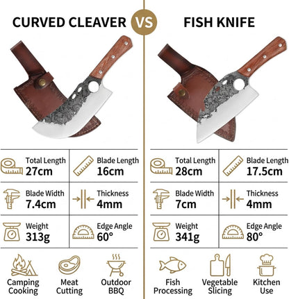 Hand Forged Serbian Cleaver for Outdoor Kitchen & Meat Cutting | Viking Style Butcher Knife, Full Tang Construction, High Carbon Steel Blade, Includes Leather Sheath & Sharpener for Camping