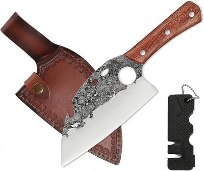 Hand Forged Serbian Cleaver for Outdoor Kitchen & Meat Cutting | Viking Style Butcher Knife, Full Tang Construction, High Carbon Steel Blade, Includes Leather Sheath & Sharpener for Camping