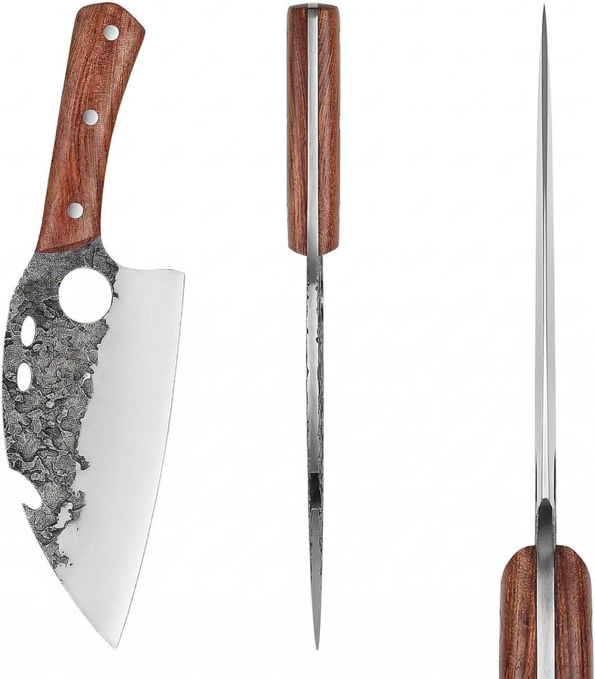 Hand Forged Serbian Cleaver for Outdoor Kitchen & Meat Cutting | Viking Style Butcher Knife, Full Tang Construction, High Carbon Steel Blade, Includes Leather Sheath & Sharpener for Camping