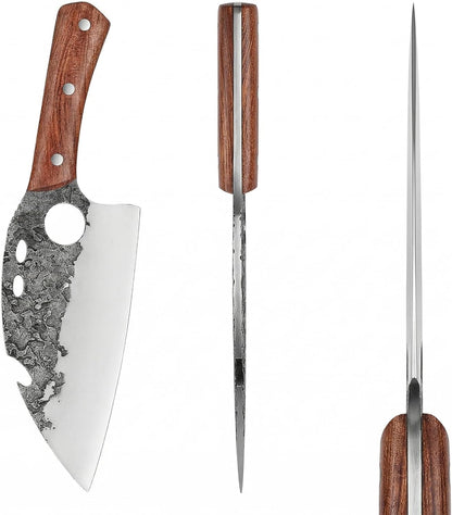 Hand Forged Serbian Cleaver for Outdoor Kitchen & Meat Cutting | Viking Style Butcher Knife, Full Tang Construction, High Carbon Steel Blade, Includes Leather Sheath & Sharpener for Camping