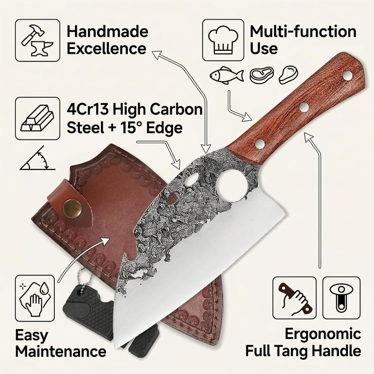 Hand Forged Serbian Cleaver for Outdoor Kitchen & Meat Cutting | Viking Style Butcher Knife, Full Tang Construction, High Carbon Steel Blade, Includes Leather Sheath & Sharpener for Camping