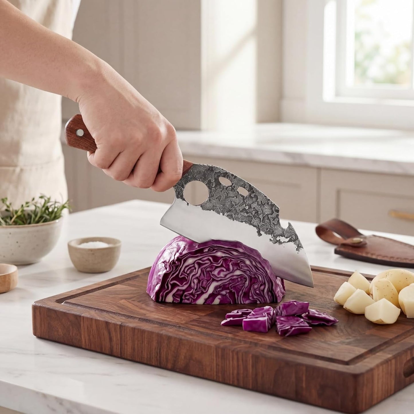 Hand Forged Serbian Cleaver for Outdoor Kitchen & Meat Cutting | Viking Style Butcher Knife, Full Tang Construction, High Carbon Steel Blade, Includes Leather Sheath & Sharpener for Camping