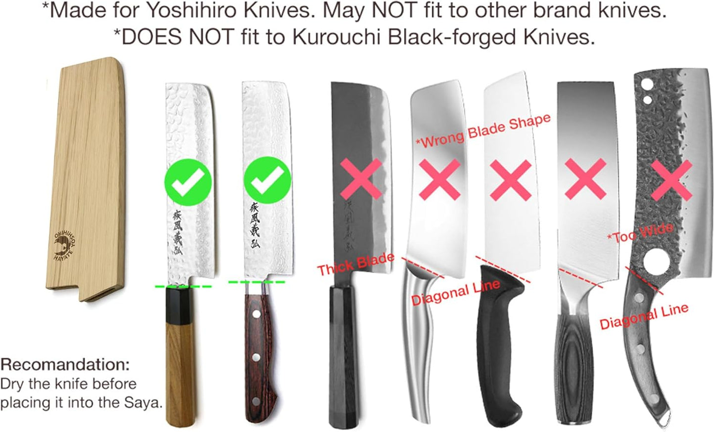 Yoshihiro Magnetic Oak Wood Saya Cover Blade Protector for Nakiri (165mm) 6.5in