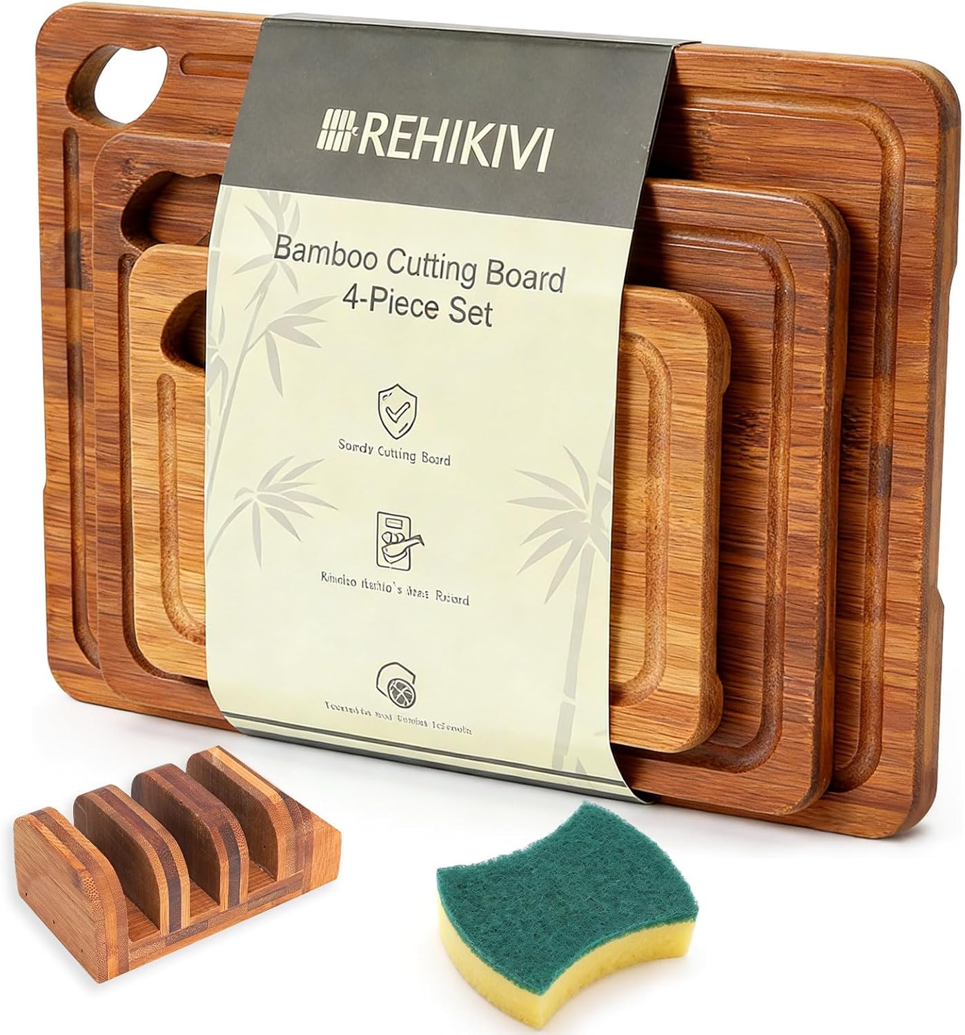 Bamboo Cutting Board 4-Piece Set,Deep-Carbonized Reversible Charcuterie Boards With Juice Grooves,Include Storage Stand&Cleaning Sponge,Knife Friendly,Sturdy,Perfect Kitchen Gift Set